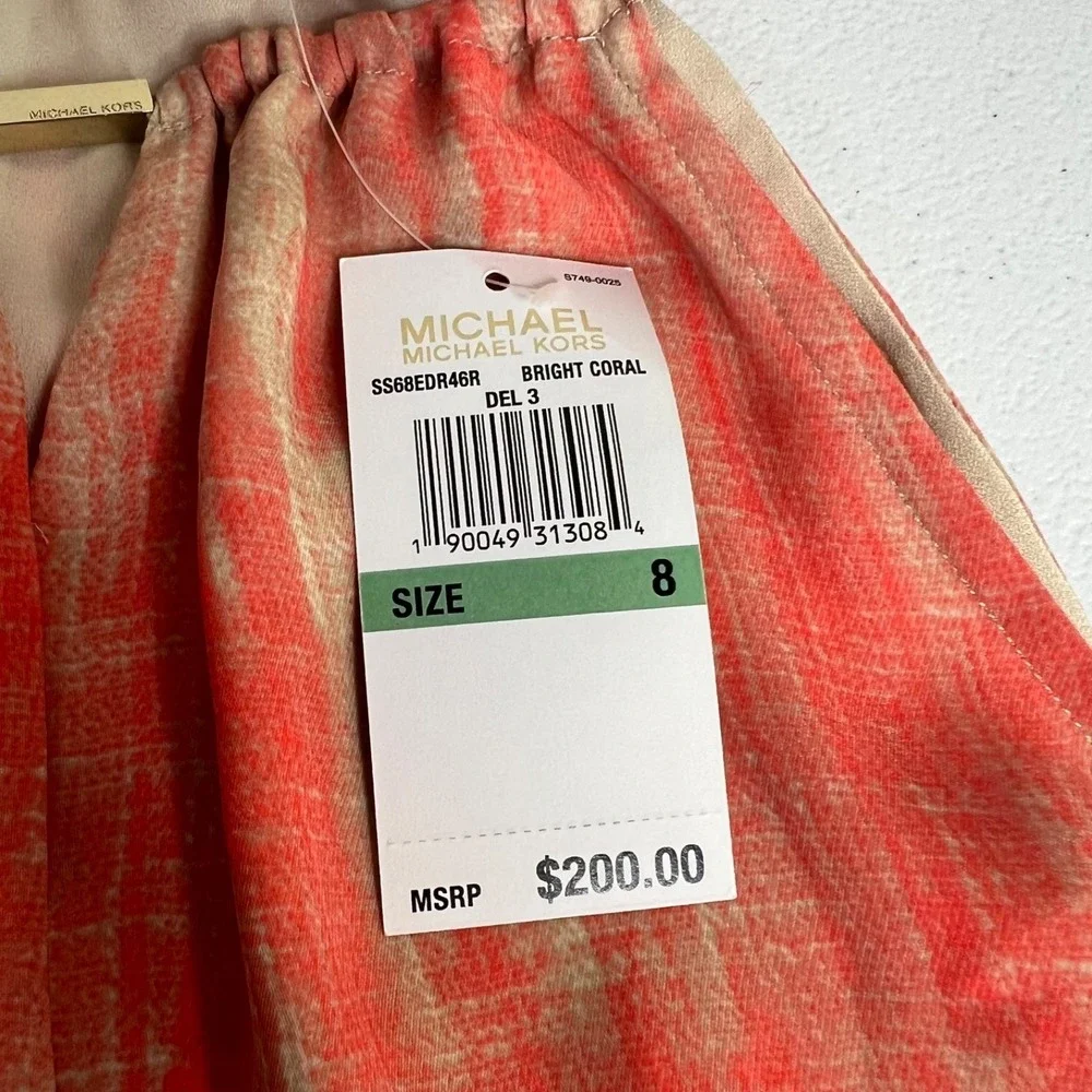 Michael Kors Halter Midi Dress 8 Coral Orange Beige Abstract Faux Wrap NWT